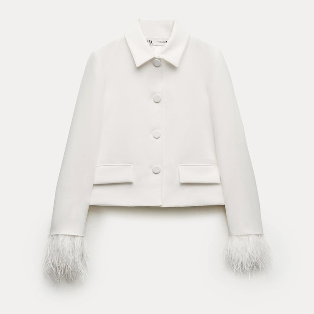 ZARA ZW COLLECTION FEATHERED CROPPED BLAZER WHITE SMALL